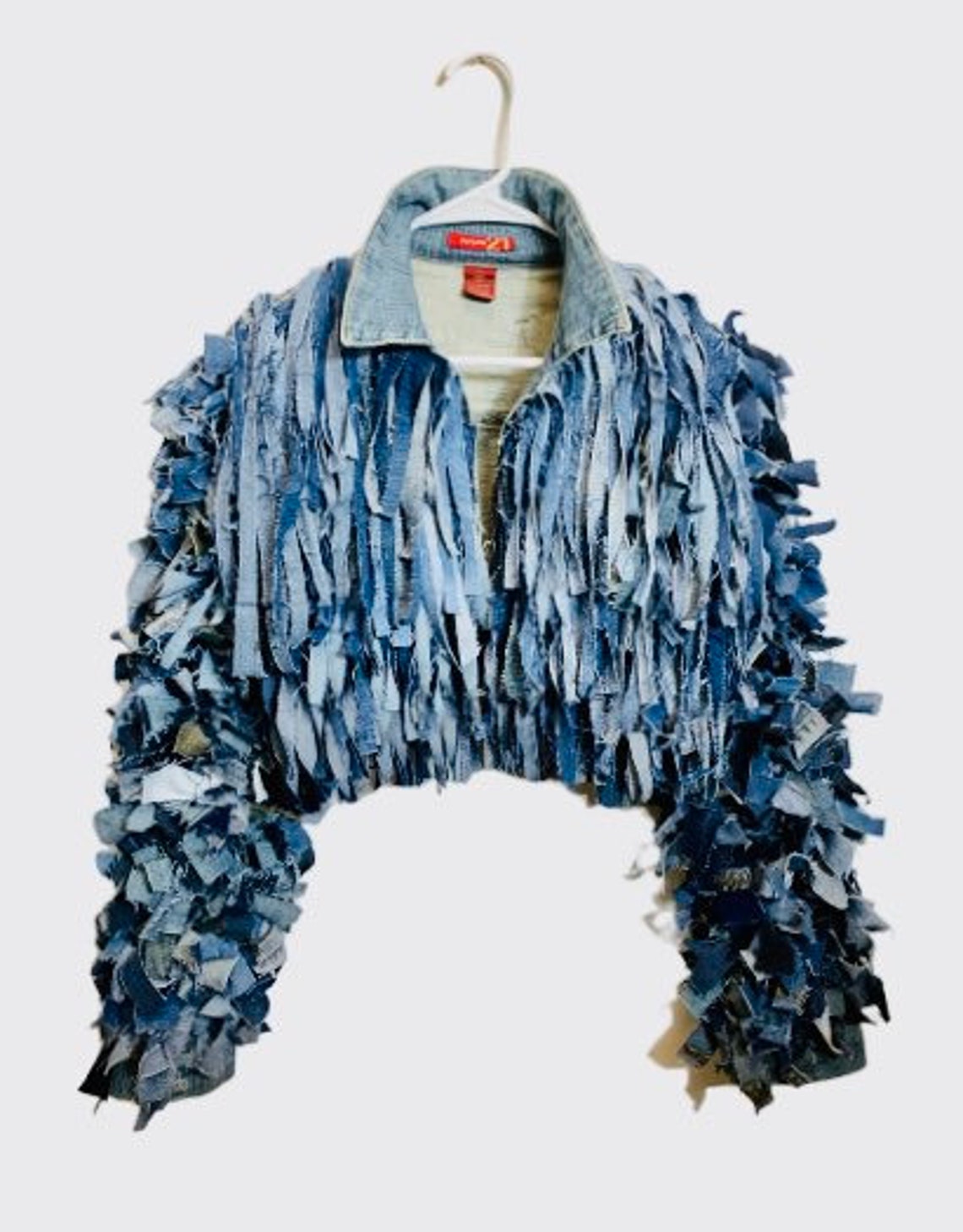 Denim Fringe Shag Jacket Etsy