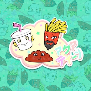 May include: A pink, yellow, and blue cartoon cloud with a smiling cup of soda, a red cup of french fries with a beard, and a brown smiling meatball. The text "アキハバラ" is written in Japanese on the cloud.