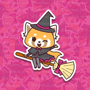 Autocollant Halloween Retsuko en vinyle | autocollant panda roux | Sticker sorcière mignonne