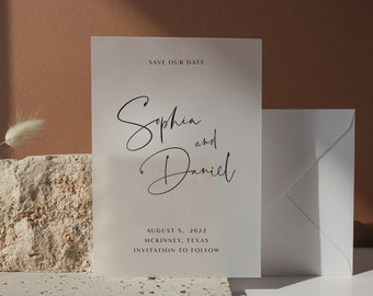 Vellum Modern Save The Date Printed Card, Minimal Save The Date, Calligraphy Wedding Announcement, White Ink Translucent vellum invitations