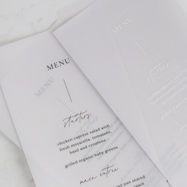 Modern Translucent vellum menu, Minimal Wedding Menu, Calligraphy Elegant Menu for Weddings or other Events - Script White ink menu