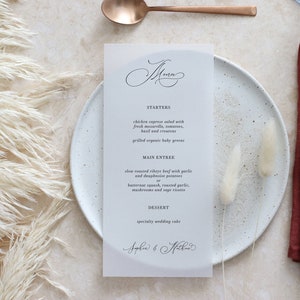 Translucent vellum menu, Minimal Wedding Menu, Calligraphy Elegant Menu for Weddings or other Events - White or black ink