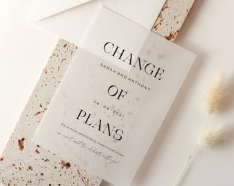 Vellum Change of Plans Card, Modern Change The Date, Typography Wedding postponement cards, Minimal change of date, Postponed wedding cards