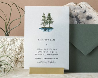 Vellum Greenery Save The Date Printed Card, Pine tree by the lake Modern Save The Date, Simple Save The Date, Outdoor wedding invitation