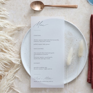 Translucent vellum menu, Minimal Wedding Menu, Brush Calligraphy Elegant Menu for Weddings or other Events - White or black ink