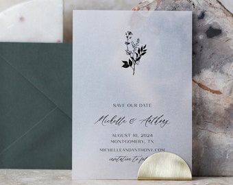 Vellum Wildflower Save The Date Printed Card, Botanical Save The Date, Wedding Announcement White Ink Translucent vellum wedding invitations