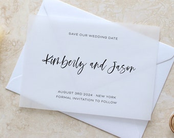 Vellum Save The Date Printed Card, Minimal Save The Date, Brush Calligraphy Wedding Announcement, White Ink Translucent vellum invitations