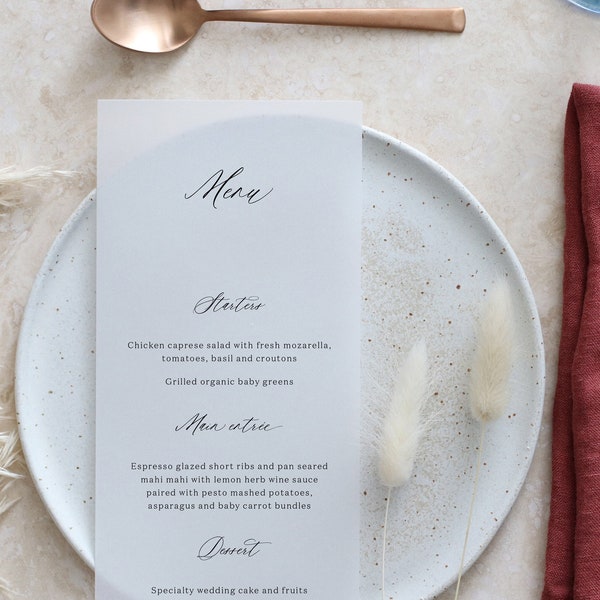 Vellum wedding dinner menu cards, Clear Menu, Printed vellum menu card, Simple vellum menus for reception, Classy menu card - White ink menu