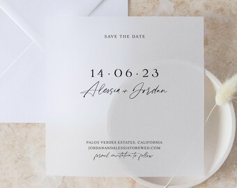 Vellum Modern Square Save The Date Printed Card, Minimal Save The Date, White Ink Translucent vellum invitations