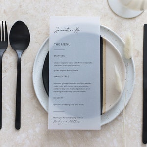 Wedding guest name menu, Translucent vellum menu, Modern Wedding Menu, Elegant Menu, Script White ink menu, place card alternative