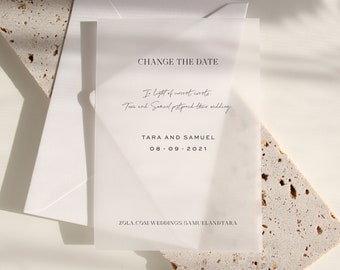 Vellum Change the date Card, Modern Change of Plans, Calligraphy Wedding postponement cards, Minimal change of date, Postponed wedding cards