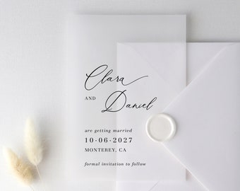 Vellum Modern Save The Date Printed Card, Simple Save The Date, Calligraphy Save The Date Wedding Announcement, Personalised Save The Date