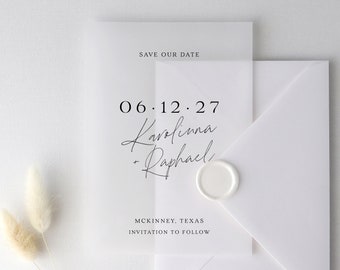 Vellum Modern Save The Date Printed Card, Minimal Save The Date, Calligraphy Wedding Announcement, Translucent vellum wedding invitations