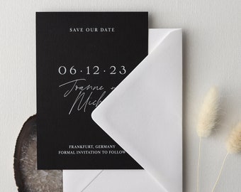 Black Modern Save The Date Printed Card, Minimalistic Save The Date, Calligraphy Save The Date Wedding Announcement, White Ink Save the Date