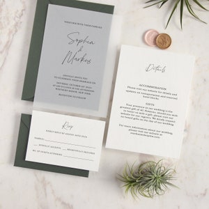 Modern green wedding invitation, Vellum Minimal Wedding Announcement, Personalized wedding invite, Simple wedding invitation suite