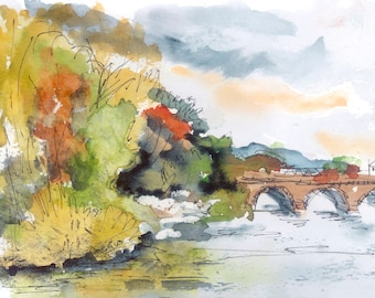 River Severn at Worcester watercolour A4 giclee print