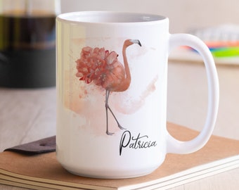 Watercolor flamingo personalized mug, Floral flamingo custom coffee mug, Nature lover gift animal coffee cup, Personalized name flamingo