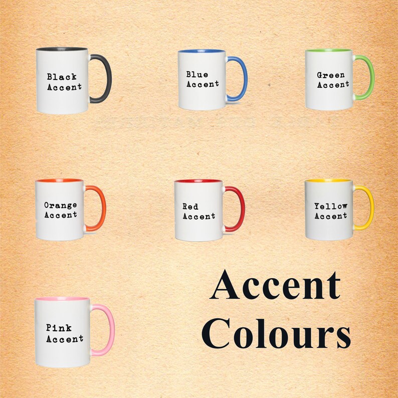 May include: A set of 8 white mugs with different colored accents. The mugs have the words "Black Accent", "Blue Accent", "Green Accent", "Orange Accent", "Red Accent", "Yellow Accent", and "Pink Accent" printed on them. The text "Accent Colours" is printed below the mugs.