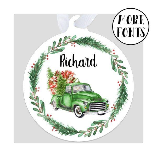 Old green truck winter wreath, Christmas tree decor family ornament, Christmas gift box holiday ornaments, Christmas decoration house warmin