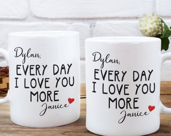 Every day I love you more, Valentines day personalized mug, I love you coffee cup, Love spells boyfriend gift, Love quotes girlfriend gift