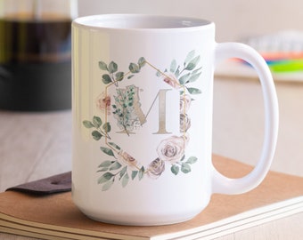 Succulent wreath custom coffee mug, Gold monogram personalized mug, Floral initial gifts for her, Flower wreath ceramic mug handmade, Gold