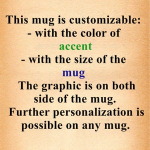 May include: Text on a brown background that reads: "This mug is customizable: - with the color of accent - with the size of the mug The graphic is on both side of the mug. Further personalization is possible on any mug."