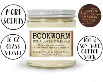 Bookworm bookish 16 oz scented soy wax candle, Book lover gifts for readers, Antique books container candles, Back to school gifts for teach