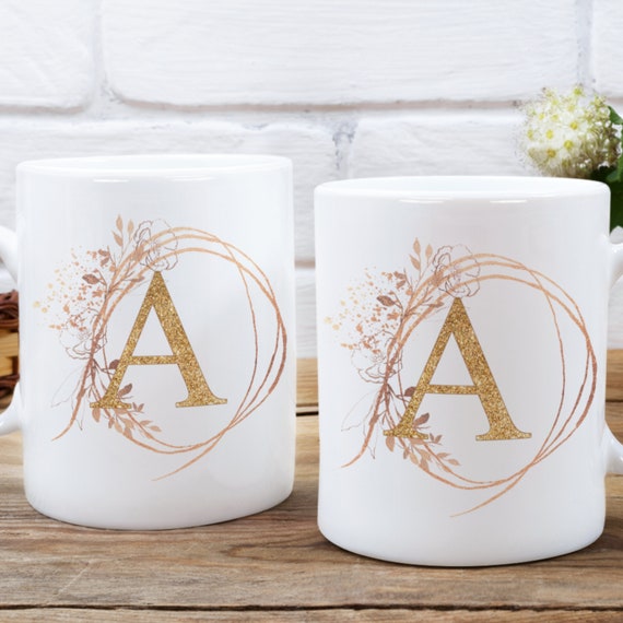 Monogram Illustrated Wreath Coffee Mug Initial Mug With Illustrated Wreath  Personalized Coffee Mug 