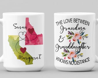 The love between grandma and granddaughter knows no distance, Granddaughter gift grandma mug, Grandmother gift state coffee mug, Custom name