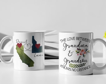 The love between grandma and grandson knows no distance, Custom map grandmother mug, Grandmother sign long distance gift, Custom name sign