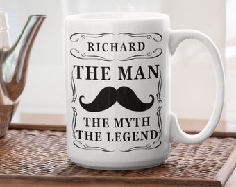 The man the myth the legend personalized mugs, Mustache coffe mug gift for men, Custom name gift for dad, Birthday gift ceramic mugs, Mens