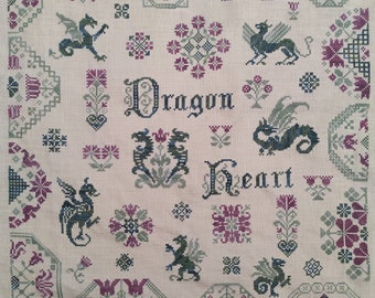 Dragon Heart Quaker Sampler / original cross stitch pattern / purple, green