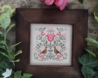 Patrón de punto de cruz "Primeras canciones de primavera" (PDF), flores de tulipán, alondra, pétalos y alas, febrero