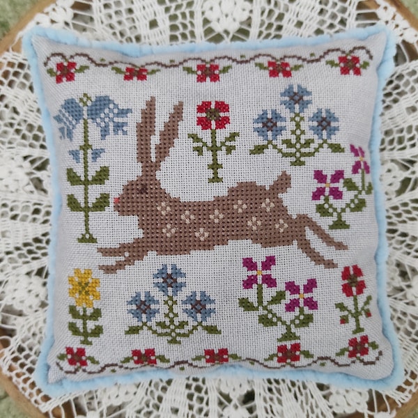 Summer Joy, Happy Bunny Year, original floral cross stitch pattern, PDF, hare, rabbit