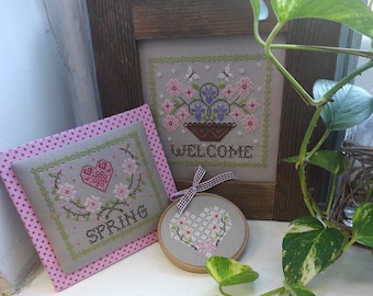 Welcome Spring Cross Stitch Pattern – 3 PDF Spring Designs – Cottagecore Embroidery Chart – Instant Download Floral Needlework