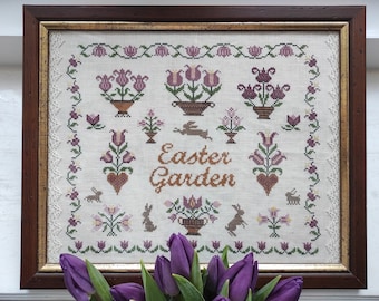 Easter Garden Sampler / origineel kruissteekontwerp / pdf-patroon, paasborduurkaart, paasdecoratie, paasdecoratie