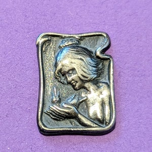 C 1902 art nouveau button of girl with bird in hand. 2.7cm long by 1.2cm wide. William Huttan . image 5