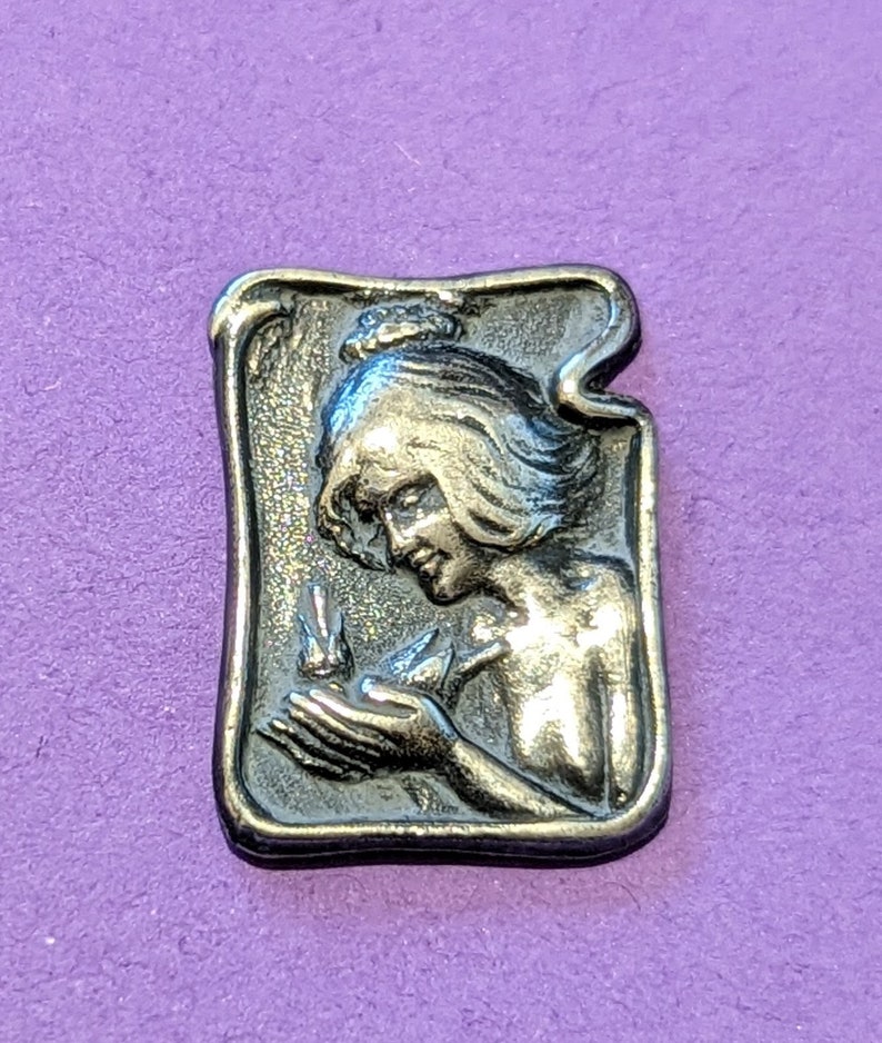 C 1902 art nouveau button of girl with bird in hand. 2.7cm long by 1.2cm wide. William Huttan . image 5