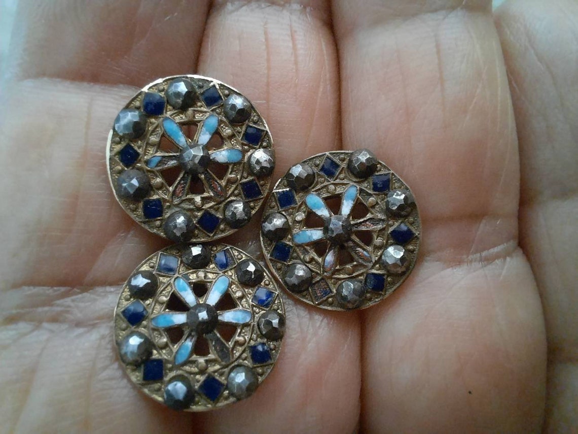 3 Antique Gilt Buttons With Cut Steel Surrounds and Enamel Etsy