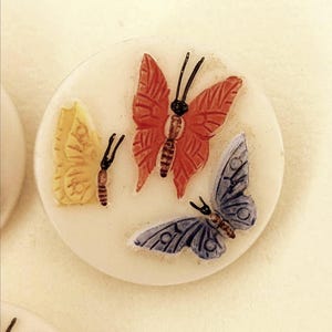 Vlinderknop op wit vintage glas. 2,5 cm diameter of 1 inch.