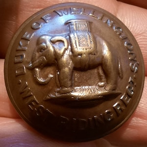 May include: A bronze button with an embossed image of an elephant carrying a howdah. The button is inscribed "The Duke of Wellington's Regt.  Indian  Divisions".
