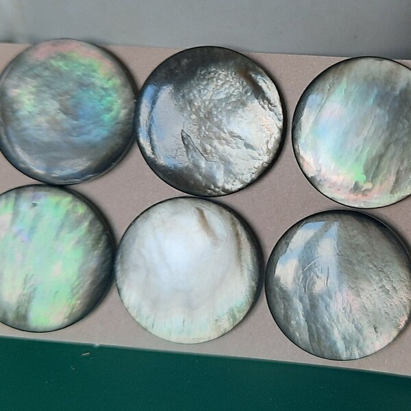6 Buttons iridescent antique abalone mother of pearl brass shanks. 1.8cm diameter.