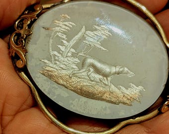 Victorian Pinchbeck Brooch: Silver Intaglio Dog Scene, C1800s