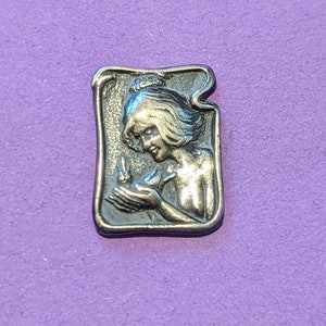 C 1902 art nouveau button of girl with bird in hand. 2.7cm long by 1.2cm wide. William Huttan . image 6