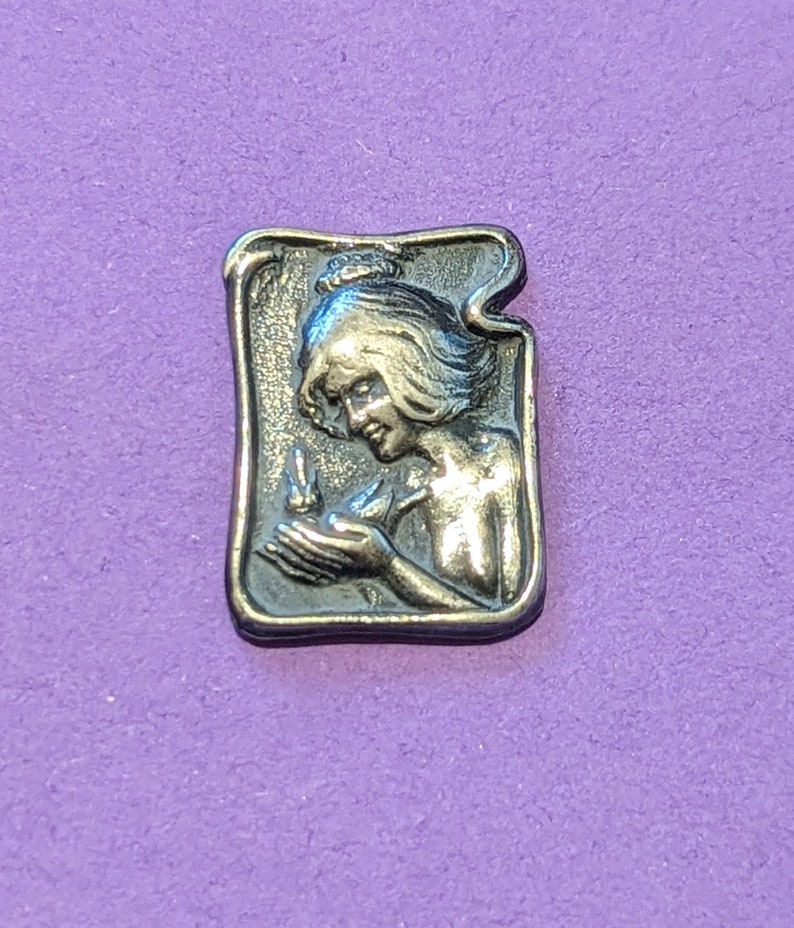 C 1902 art nouveau button of girl with bird in hand. 2.7cm long by 1.2cm wide. William Huttan . image 6