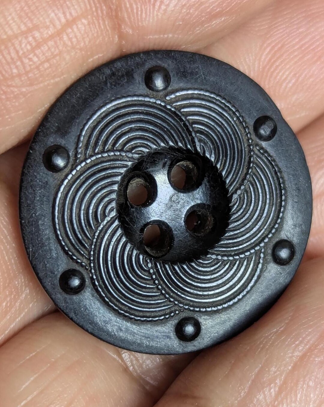 Rare Antique Carved Whitby Jet Button in Celtic Design. Large 2.7cm ...