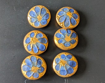 Buttons x 6 antique blue enamels . Tiny 9 cm diameter.