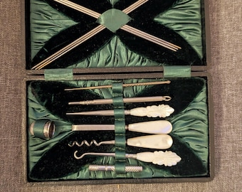 Antique Victorian Ladies Sewing & Companion Set in Tooled Box.