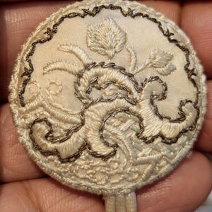 Passementerie Button with Trimmings and embroidery on Silk/Satin. Large 3.6cm diameter.