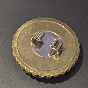 May include: A close-up shot of two small, silver-colored metal tubes, possibly jewelry components, resting on a gold-colored coin. The coin has a purple center and a textured edge, with a dark background.